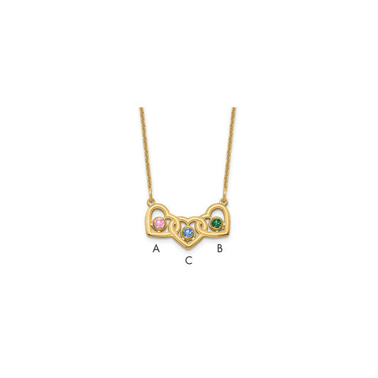 14K Yellow Gold 3 Hearts 3 Birthstones w/ 14k Bezel Necklace