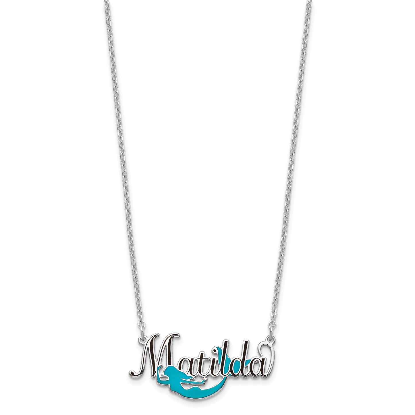 Sterling Silver Rhodium plated Enameled Name Plate Mermaid Necklace