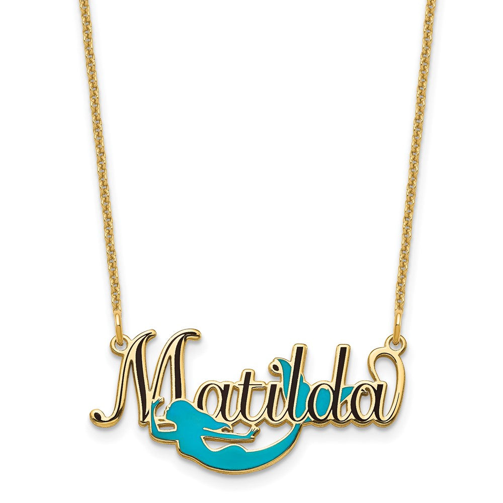14K Yellow Gold Enameled Name Plate Mermaid Necklace