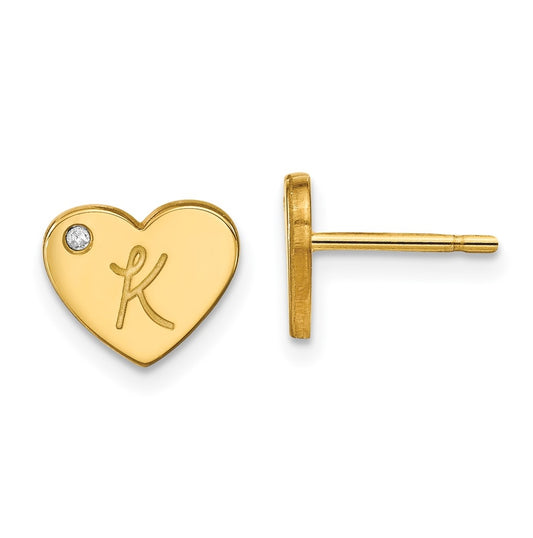 Sterling Silver Gold Plated Initial Heart with Diamond Post Earrings