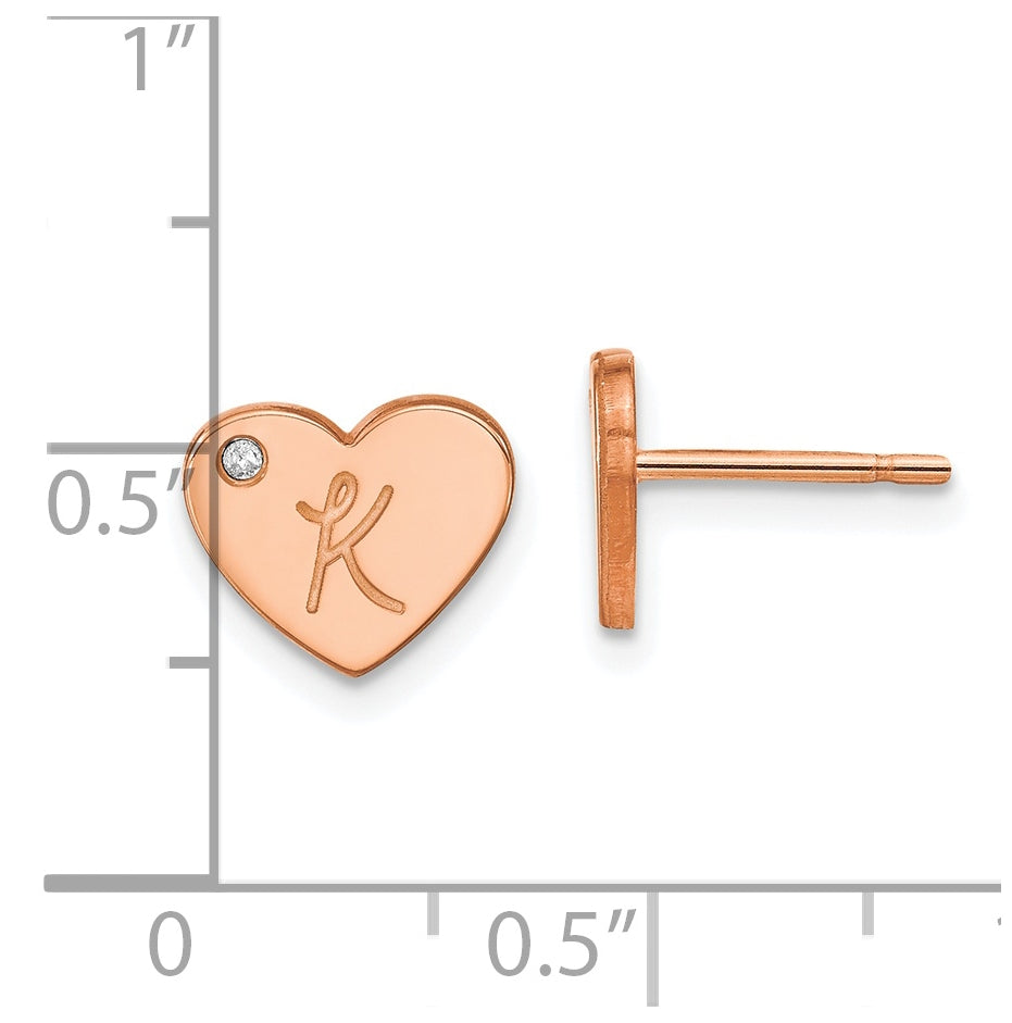 Sterling Silver Rose Gold plated Initial Heart with Diamond Post Earrings
