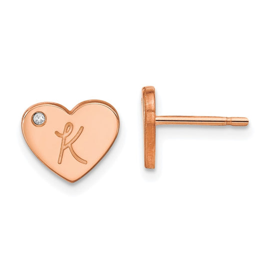Sterling Silver Rose Gold plated Initial Heart with Diamond Post Earrings