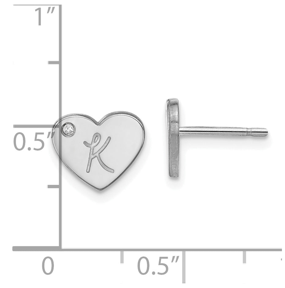 Sterling Silver Rhodium plated Initial Heart with Diamond Post Earrings