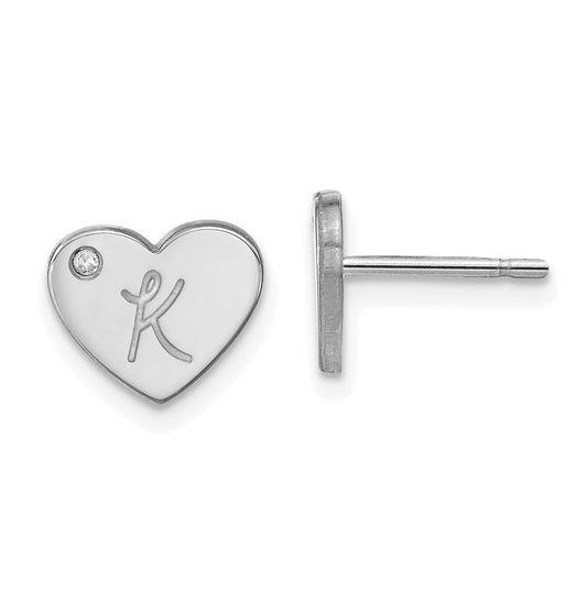 Sterling Silver Rhodium plated Initial Heart with Diamond Post Earrings