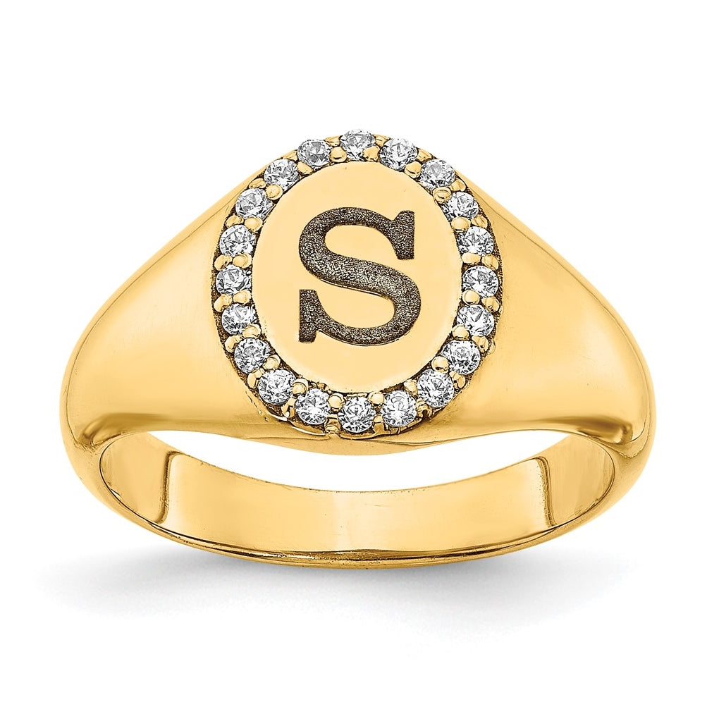 14K Yellow Gold Initial Oval with Diamond Classic Signet Ring, Size 7