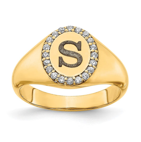 14K Yellow Gold Initial Oval with Diamond Classic Signet Ring, Size 7