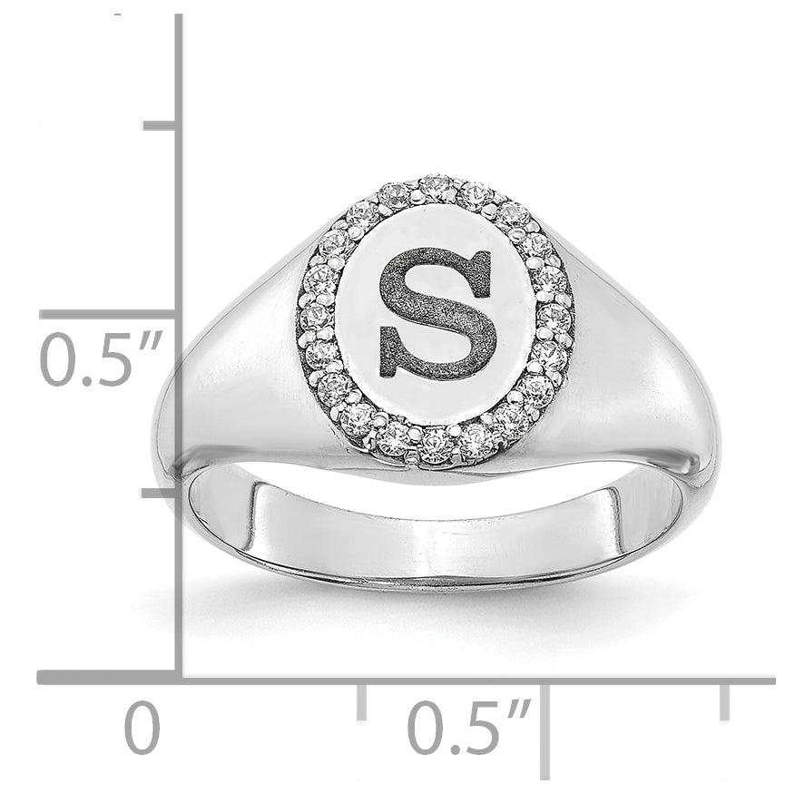 10K White Gold Initial Oval with Diamond Classic Signet Ring, Size 6