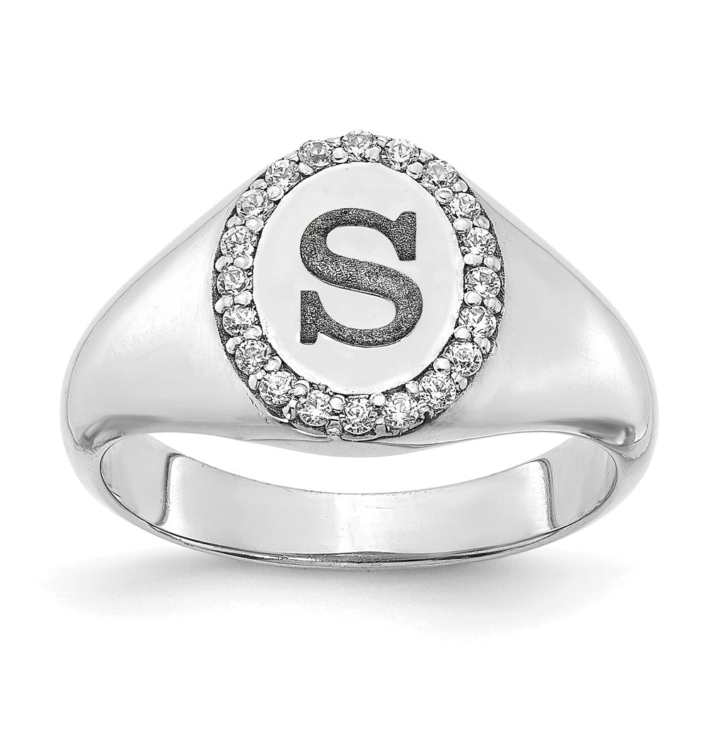 Sterling Silver Rhodium plated Initial Oval with Diamond Classic Signet Rin, Size 7