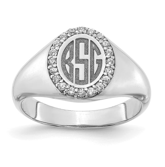 Sterling Silver Rhodium plated Large Diamond Oval Classic Monogram Signet Ring