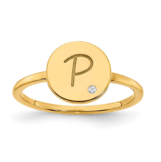 Sterling Silver Gold Plated Initial Circle with Diamond Signet Ring, Size 6