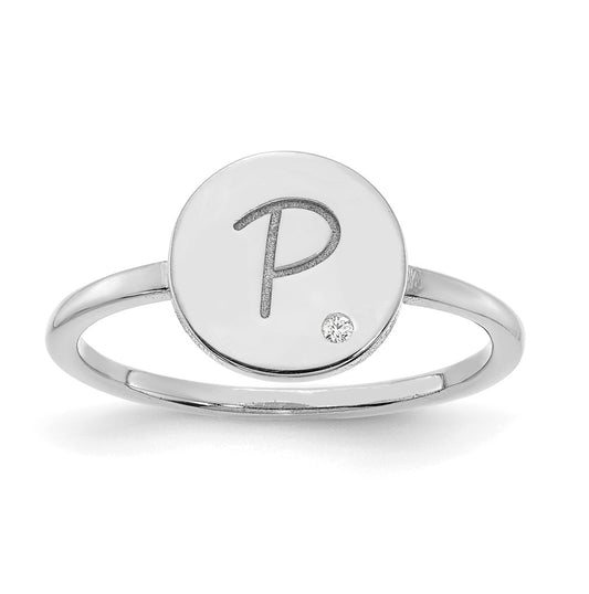 Sterling Silver Rhodium plated Initial Circle with Diamond Signet Ring, Size 7