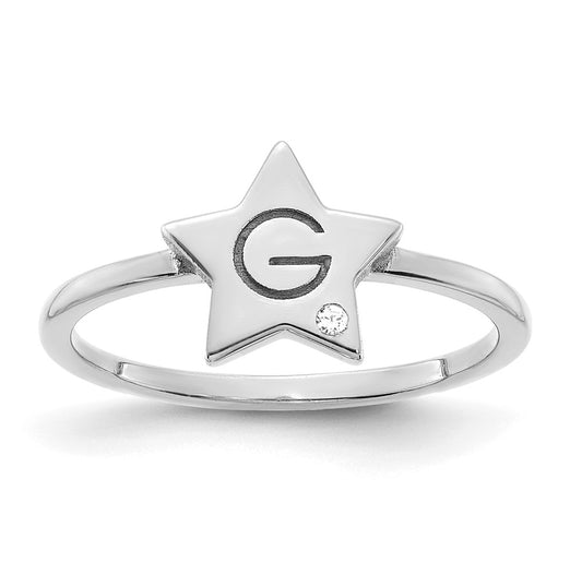 Sterling Silver Rhodium plated Initial Star with Diamond Signet Ring, Size 7