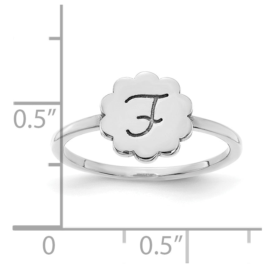 Sterling Silver Rhodium plated Initial Flower Signet Ring, Size 7
