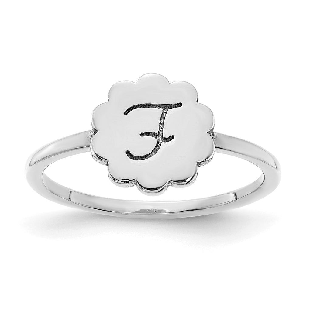 Sterling Silver Rhodium plated Initial Flower Signet Ring, Size 7