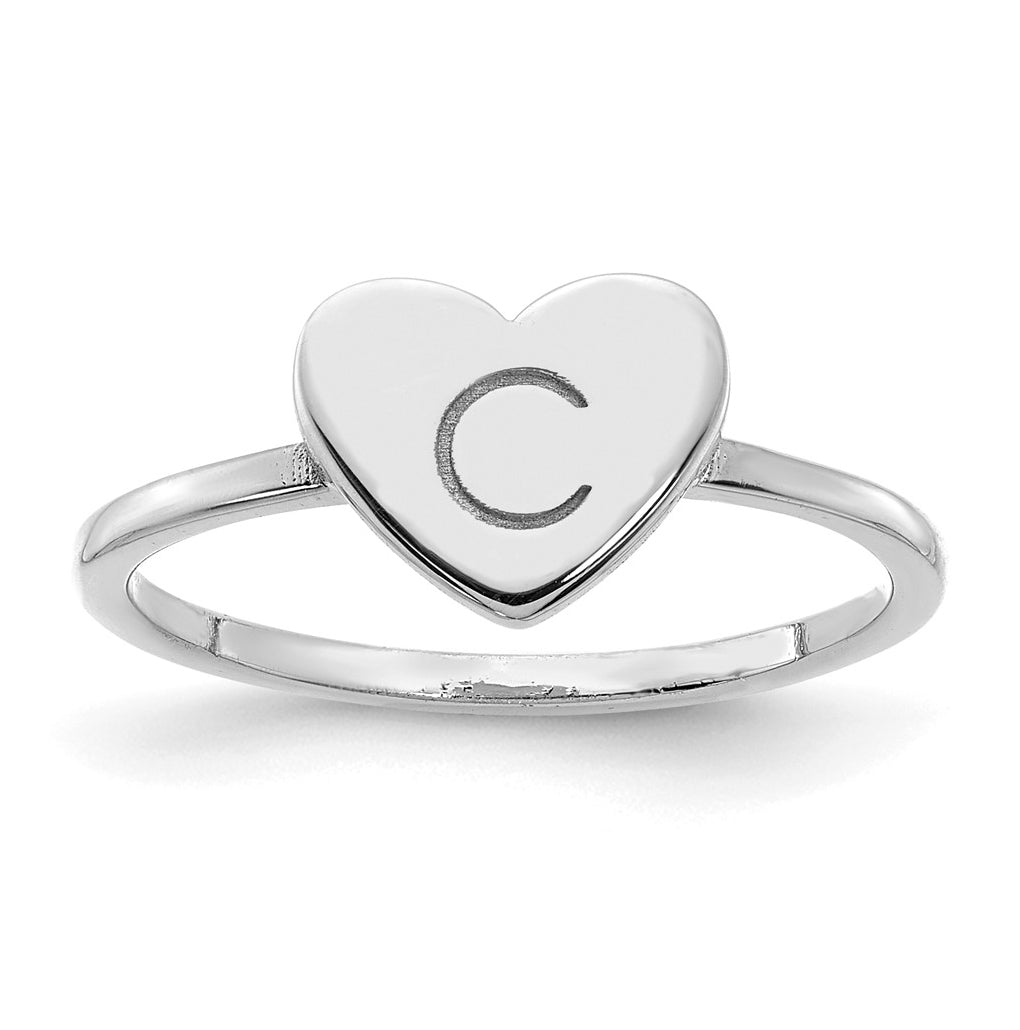 Sterling Silver Rhodium plated Initial Heart Signet Ring, Size 7