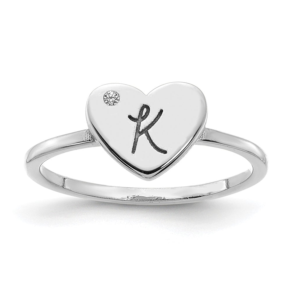 10K White Gold Initial Heart with Diamond Signet Ring, Size 6