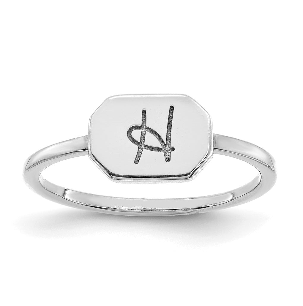 Sterling Silver Rhodium plated Initial Octagon Signet Ring, Size 7