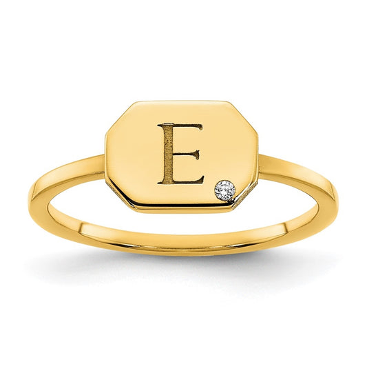 Sterling Silver Gold Plated Initial Octagon with Diamond Signet Ring, Size 6