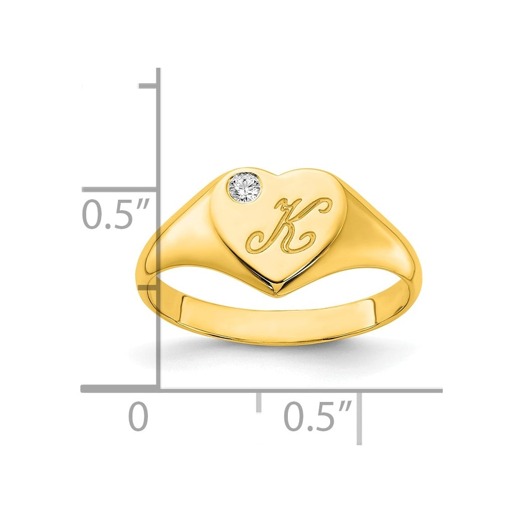 14K Yellow Or White Gold Or Sterling Silver Gold Plated Heart with Initial and Diamond Signet Ring