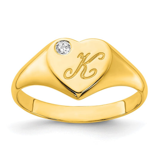 14K Yellow Or White Gold Or Sterling Silver Gold Plated Heart with Initial and Diamond Signet Ring
