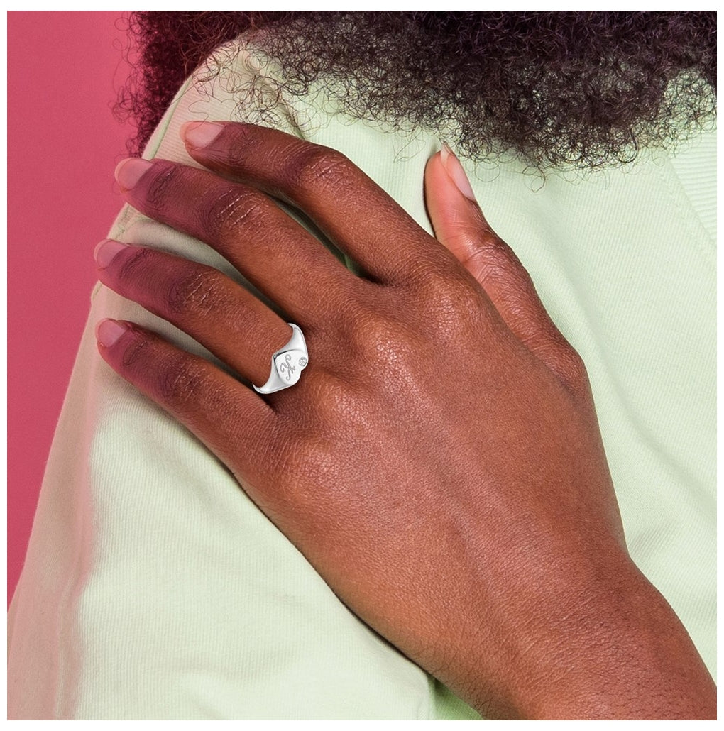 14K Yellow Or White Gold Or Sterling Silver Gold Plated Heart with Initial and Diamond Signet Ring