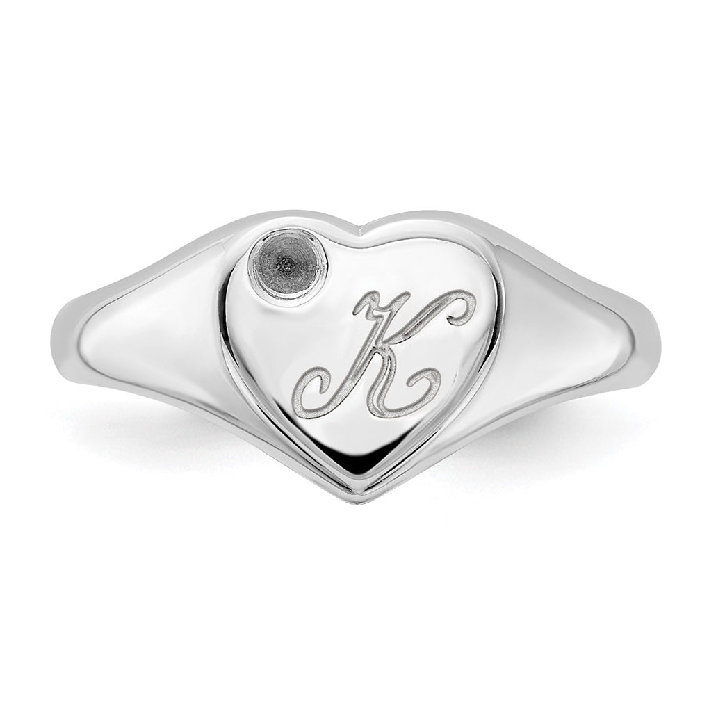 14K Yellow Or White Gold Or Sterling Silver Gold Plated Heart with Initial and Diamond Signet Ring