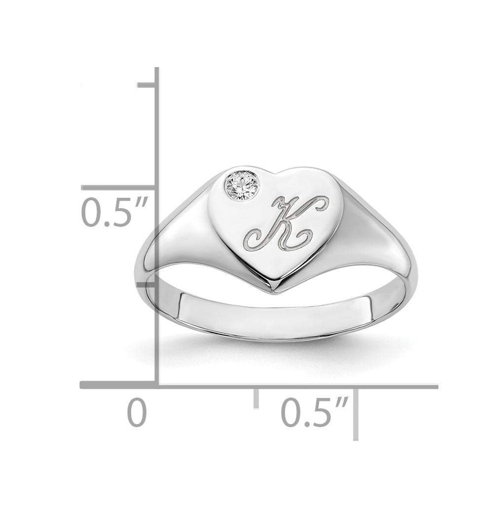 14K Yellow Or White Gold Or Sterling Silver Gold Plated Heart with Initial and Diamond Signet Ring
