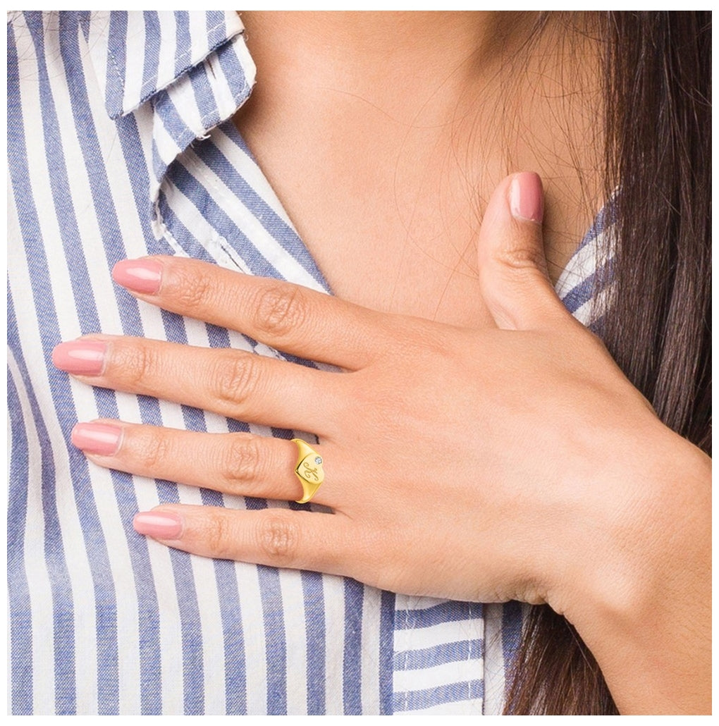 14K Yellow Or White Gold Or Sterling Silver Gold Plated Heart with Initial and Diamond Signet Ring