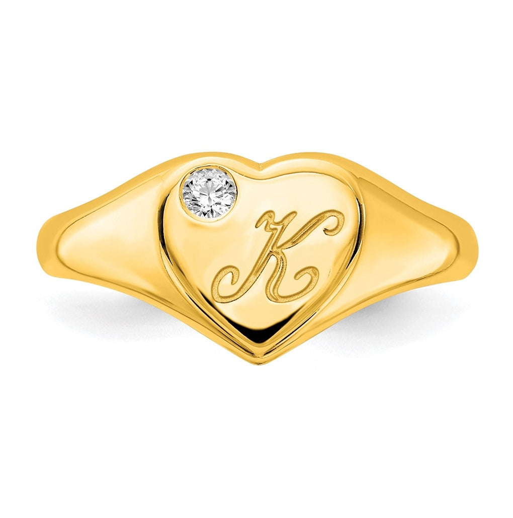 14K Yellow Or White Gold Or Sterling Silver Gold Plated Heart with Initial and Diamond Signet Ring