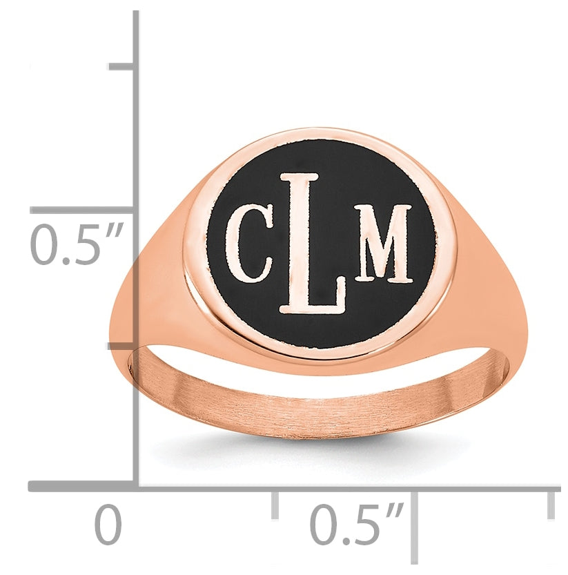 14K Rose Gold Polished with Black Epoxy Background Monogram Signet Ring