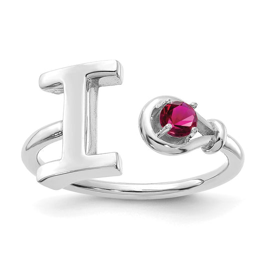 Sterling Silver Rhodium plated Letter I with Birthstone Ring, Size 7