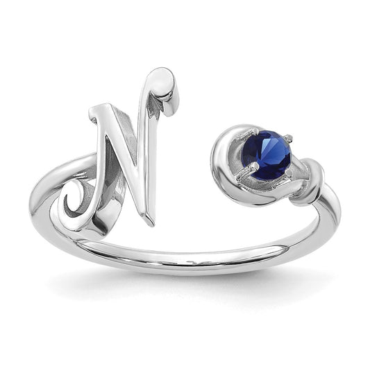 Sterling Silver Rhodium plated Letter N with Birthstone Ring, Size 7