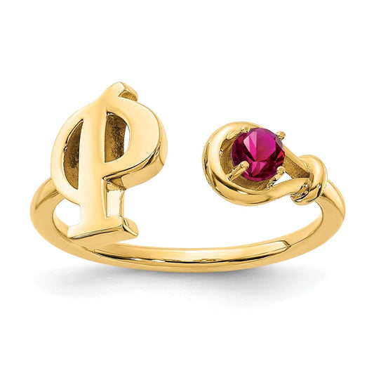 14K Yellow Gold Letter P with Birthstone Ring, Size 7