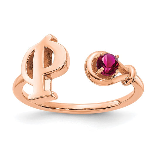 Sterling Silver Rose Gold plated Letter P with Birthstone Ring, Size 8