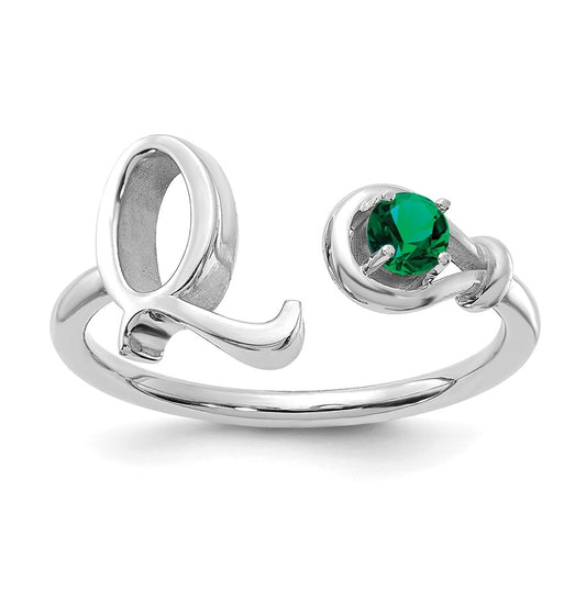 Sterling Silver Rhodium plated Letter Q with Birthstone Ring, Size 7