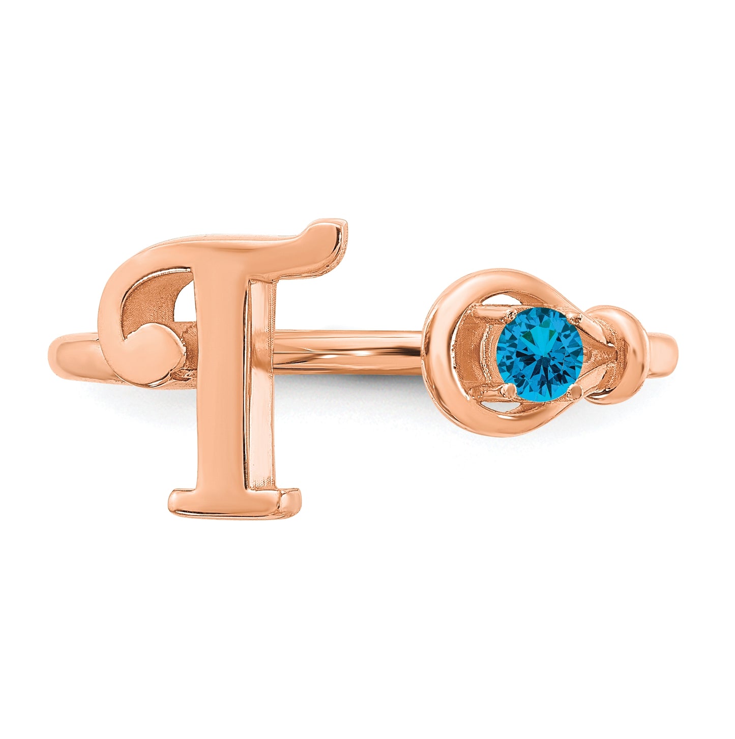 Sterling Silver Rose Gold plated Letter T with Birthstone Ring, Size 8