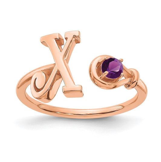 Sterling Silver Rose Gold plated Letter X with Birthstone Ring, Size 8