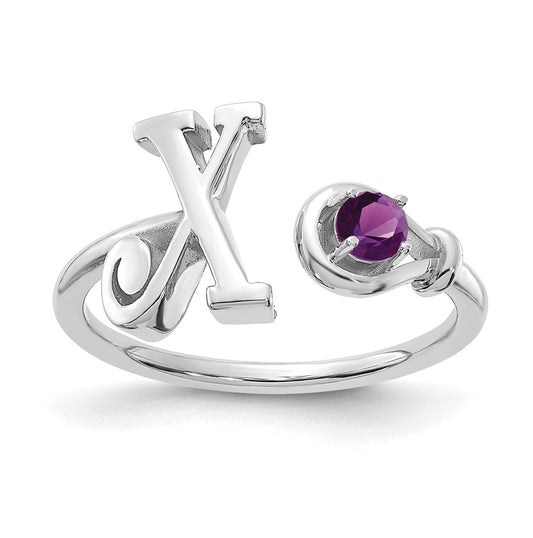 Sterling Silver Rhodium plated Letter X with Birthstone Ring, Size 7