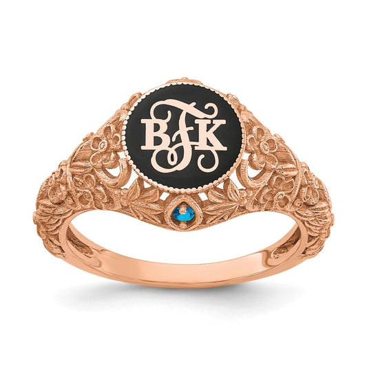 14K Rose Gold Filigree with Birthstone Enameled Monogram Ring