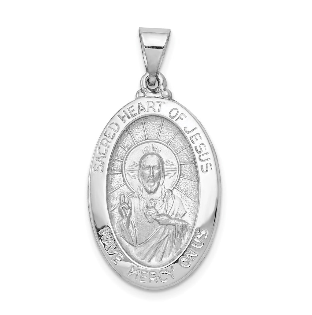 14K White Gold Polish/Satin Sacred Heart Jesus Hollow Pendant – Elegant Jewelry Gift for Birthday, Anniversary, Engagement, Wedding