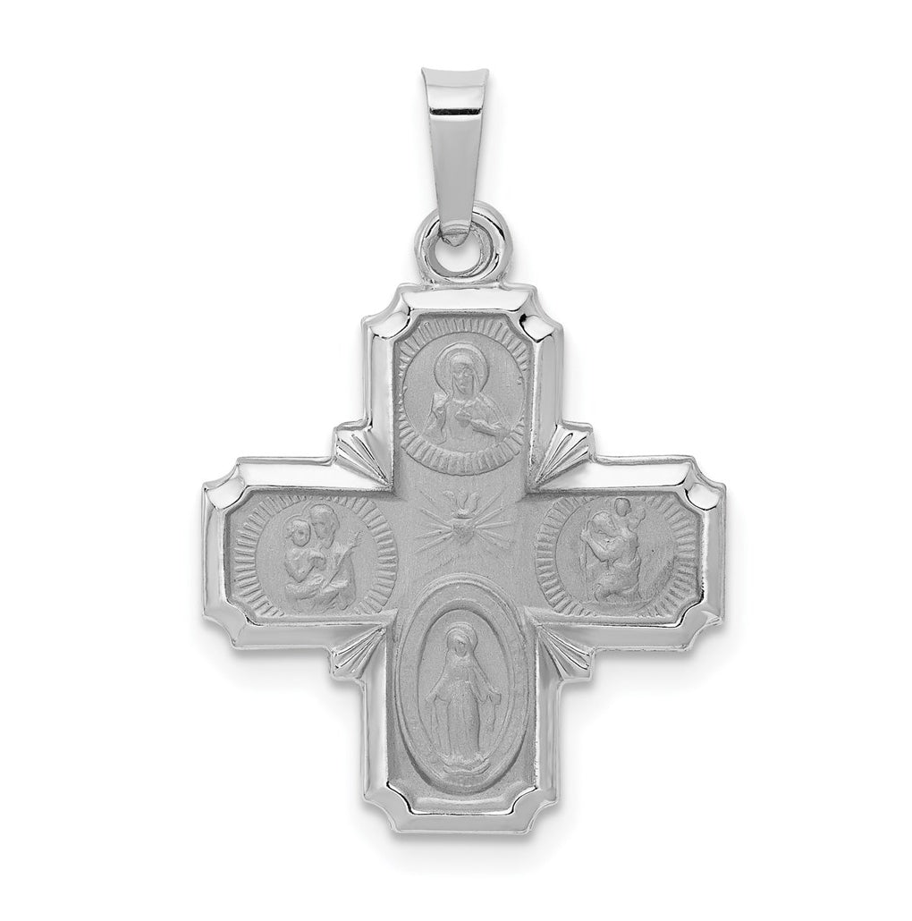14k White Gold Polished / Satin Four Way Medal Hollow Pendant – Elegant Jewelry Gift for Birthday, Anniversary, Engagement, Wedding