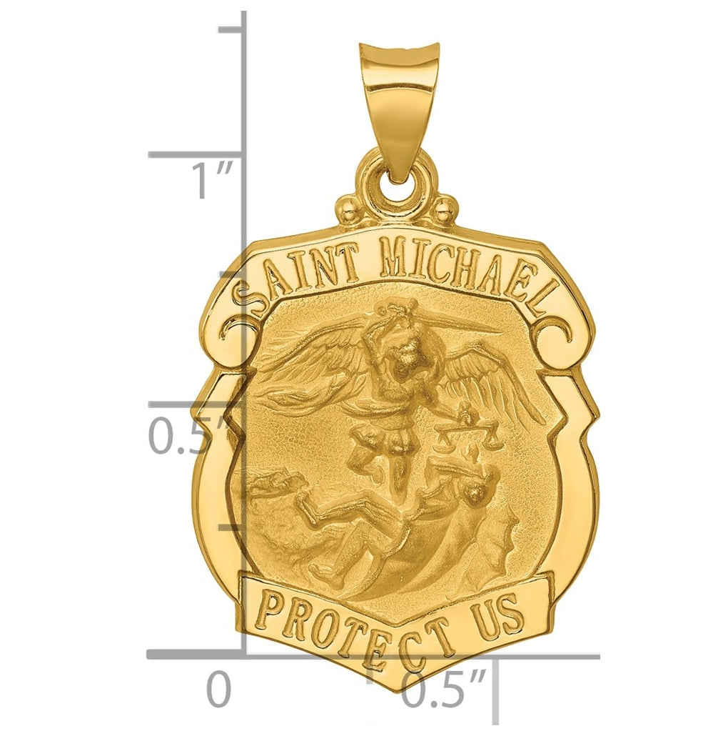 14K Yellow Gold Polished and Satin St. Michael Badge Medal Hollow Pendant – Elegant Jewelry Gift for Birthday, Anniversary, Engagement, Wedding
