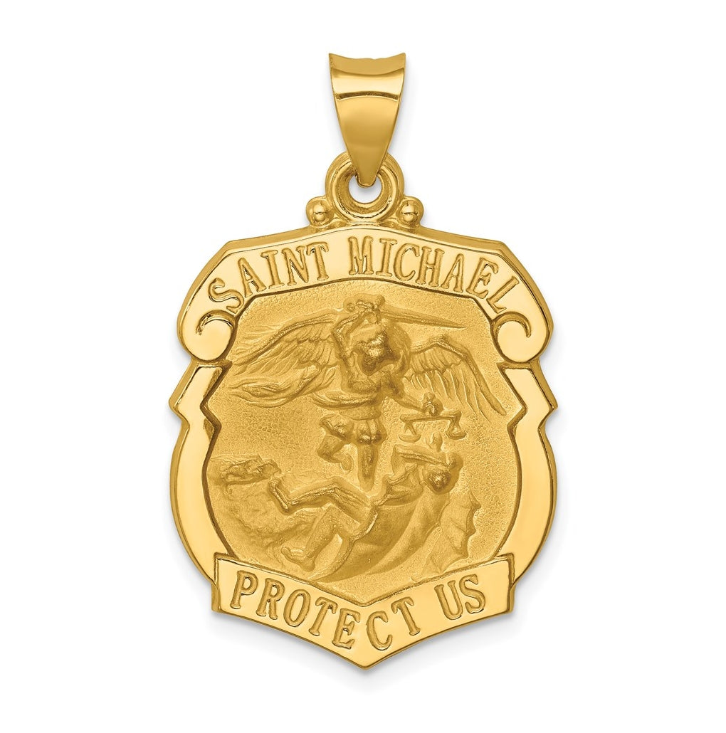 14K Yellow Gold Polished and Satin St. Michael Badge Medal Hollow Pendant – Elegant Jewelry Gift for Birthday, Anniversary, Engagement, Wedding