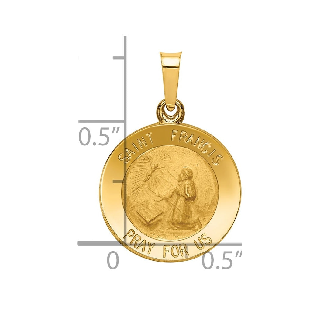 14K Yellow Gold Polished and Satin St Francis Medal Hollow Pendant – Elegant Jewelry Gift for Birthday, Anniversary, Engagement, Wedding