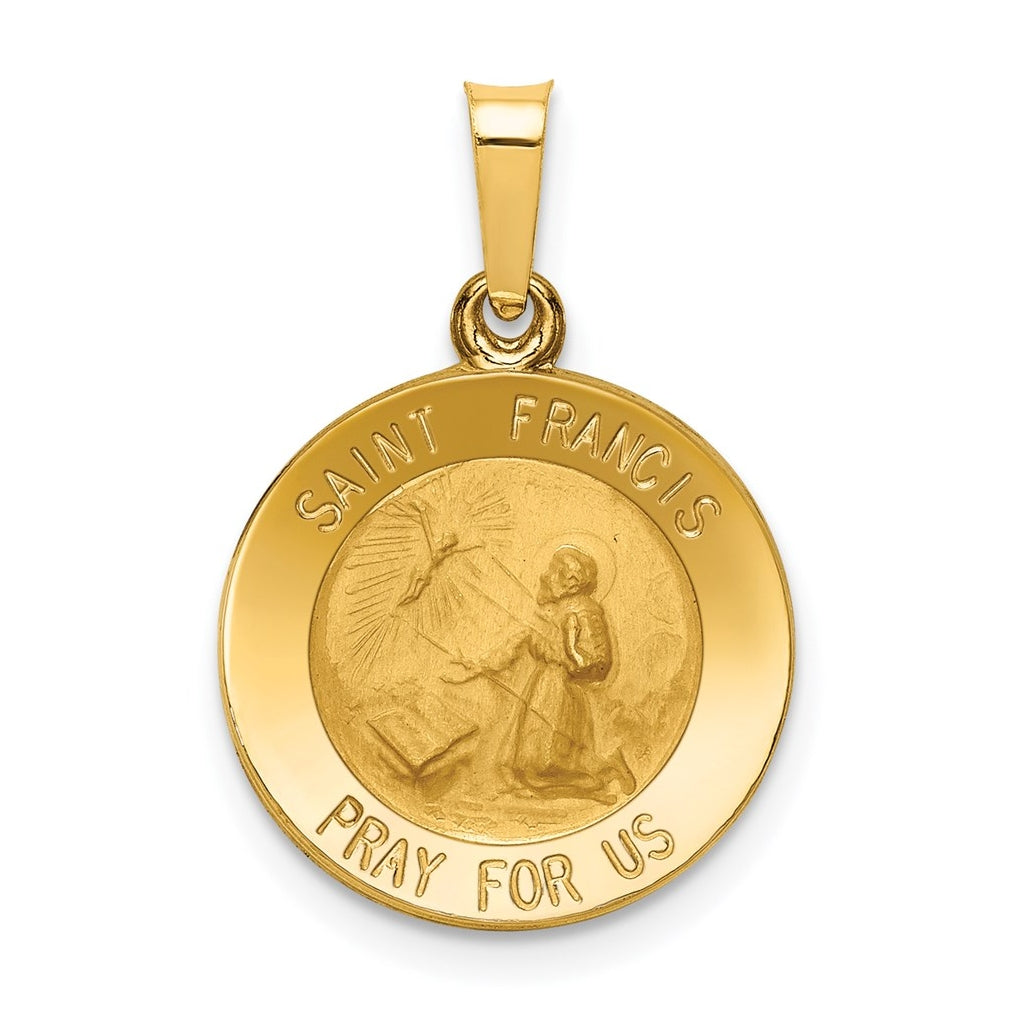 14K Yellow Gold Polished and Satin St Francis Medal Hollow Pendant – Elegant Jewelry Gift for Birthday, Anniversary, Engagement, Wedding