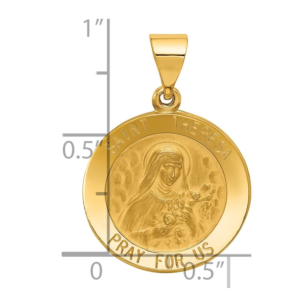 14K Yellow Gold Polished and Satin St Theresa Medal Hollow Pendant – Elegant Jewelry Gift for Birthday, Anniversary, Engagement, Wedding