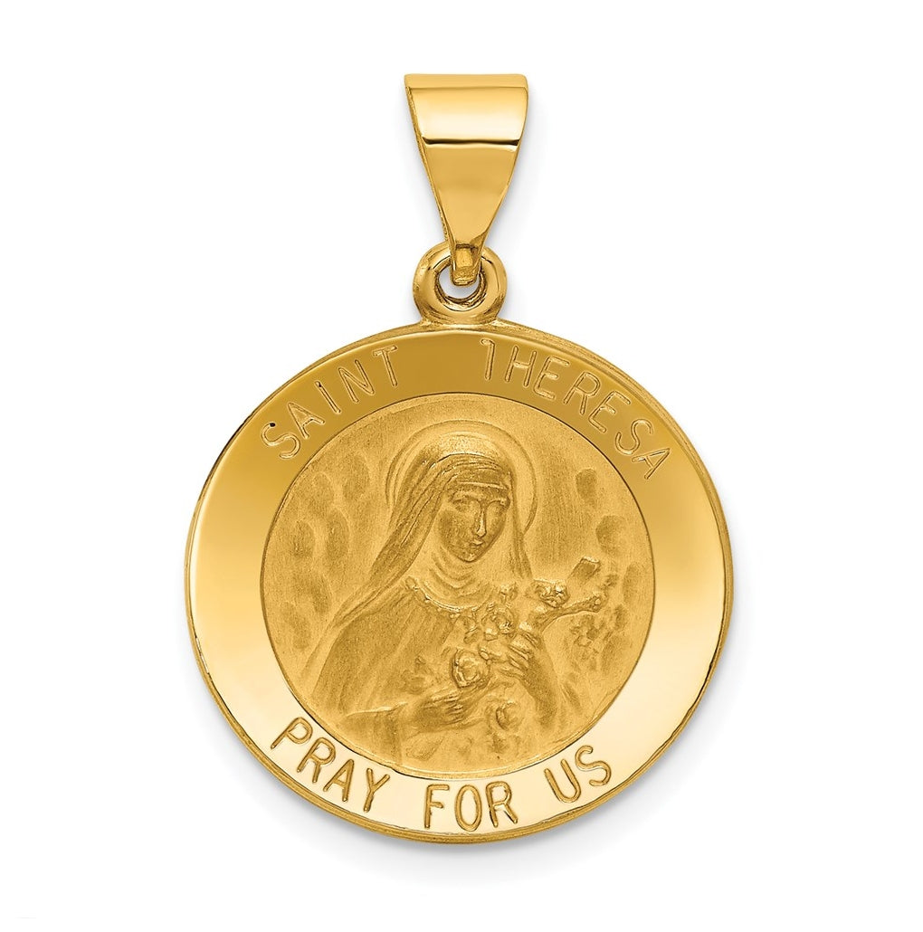 14K Yellow Gold Polished and Satin St Theresa Medal Hollow Pendant – Elegant Jewelry Gift for Birthday, Anniversary, Engagement, Wedding