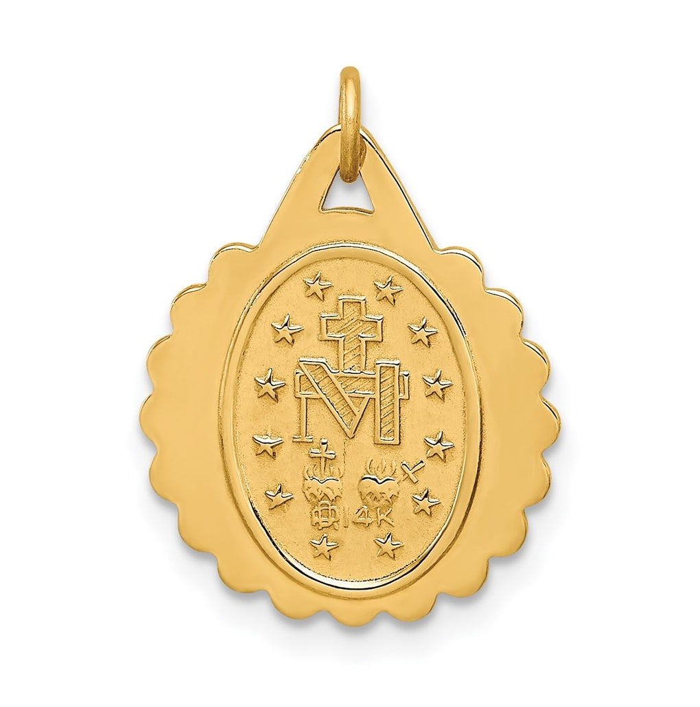 14K Yellow Gold Solid Polished/Satin Small Round Scalloped Miraculous Medal – Elegant Jewelry Gift for Birthday, Anniversary, Engagement, Wedding