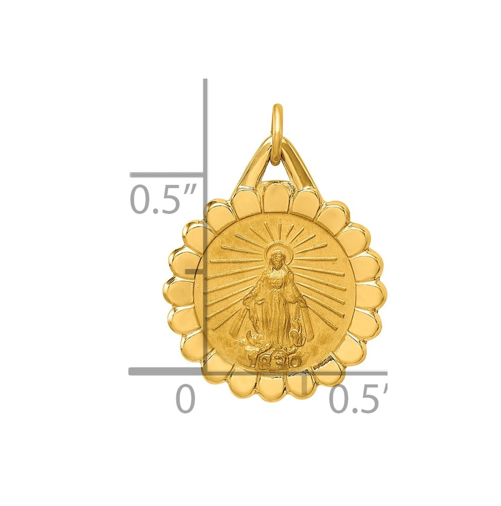 14K Yellow Gold Solid Polished/Satin Small Round Scalloped Miraculous Medal – Elegant Jewelry Gift for Birthday, Anniversary, Engagement, Wedding