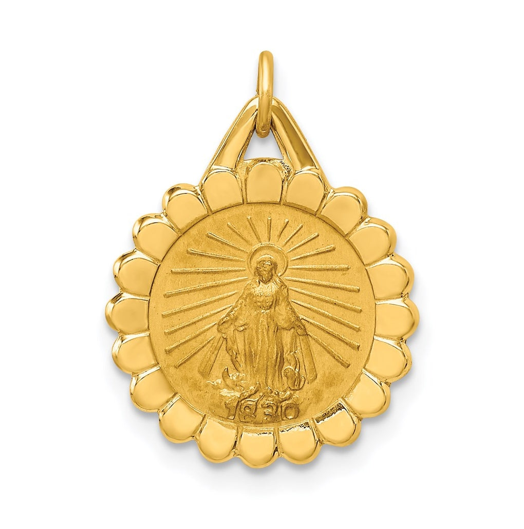 14K Yellow Gold Solid Polished/Satin Small Round Scalloped Miraculous Medal – Elegant Jewelry Gift for Birthday, Anniversary, Engagement, Wedding